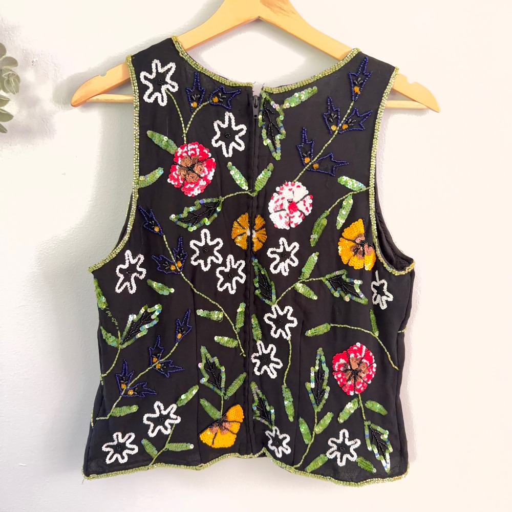 Paradise NY Vtg Vest Top 100% Silk Beaded Floral Sequin Black 90s Whimsigoth - Picture 2 of 8